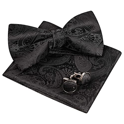 Alizeal Herren Classic Paisley Fliege, Hanky und Manschettenknöpfe Set, Schwarz von Alizeal