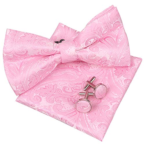 Alizeal Herren Classic Paisley vorgebundene Fliege, Einstecktuch und Manschettenknöpfe Set, Pink von Alizeal