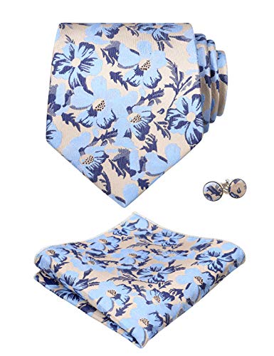 Alizeal Herren Floral Regular Necktie Pocket Square und Manschettenknöpfe, Hellblau+Champagner von Alizeal