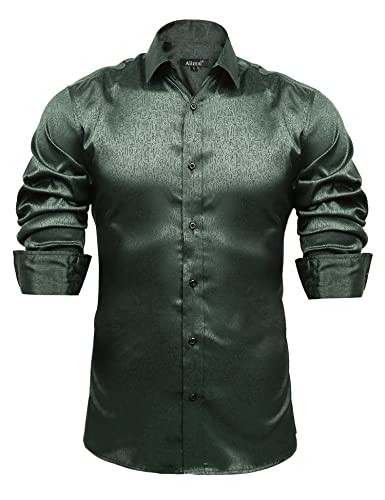 Alizeal Herren Glänzender Satin Luxus Jacquard Business Casual Langarm Hemd Unregelmäßiges Plaid, Dunkelgrün-XL von Alizeal