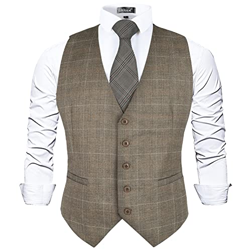 Alizeal Herren Karierte Business Anzug Weste V-Ausschnitt Regular Fit Karierte Smoking Weste, Hellbraun-3XL von Alizeal