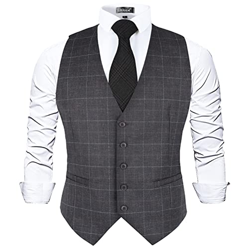 Alizeal Herren Karierte Business Anzug Weste V-Ausschnitt Regular Fit Karierte Smoking Weste, Rauchgrau-2XL von Alizeal