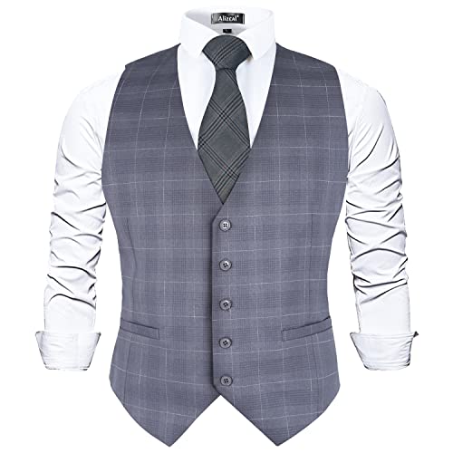 Alizeal Herren Karierte Business Anzug Weste V-Ausschnitt Regular Fit Karierte Smoking Weste, Zinn-XL von Alizeal