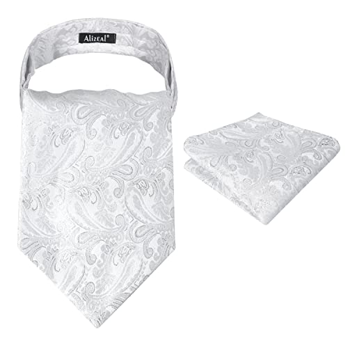 Alizeal Herren Modern Paisley Cravat & Pocket Square Set (Glänzendes Silber) von Alizeal
