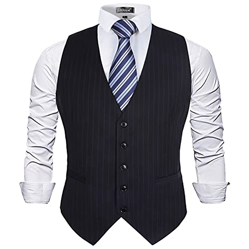 Alizeal Herren Nadelstreifen Business Anzug Weste Formales Kleid Smoking Weste, Bläulich Schwarz Gestreift-2XL von Alizeal