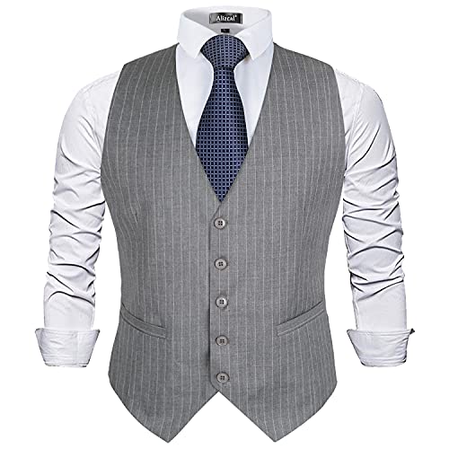 Alizeal Herren Nadelstreifen Business Anzug Weste Formales Kleid Smoking Weste, Grau Gestreift-2XL von Alizeal