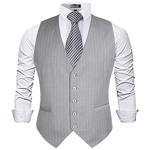 Alizeal Herren Nadelstreifen Business Anzug Weste Formales Kleid Smoking Weste, Hellgrau Gestreift-3XL von Alizeal