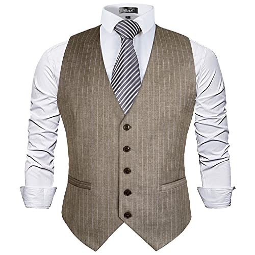 Alizeal Herren Nadelstreifen Business Anzug Weste Formales Kleid Smoking Weste, Light Coffee Striped-L von Alizeal