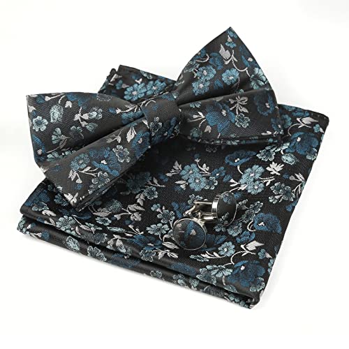 Alizeal Vorgebundene Fliege für Herren, Einstecktuch und Manschettenknöpfe, formell, klassisch, Hochzeit, Party, Business Set, 006 - Schwarz + Blaugrün, Einheitsgröße von Alizeal