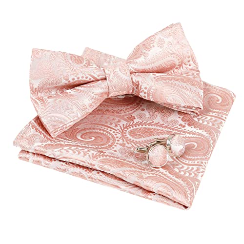 Alizeal Herren Paisley Fliege, Einstecktuch und Manschettenknöpfe Set, 016-Blush Pink, Einheitsgröße von Alizeal