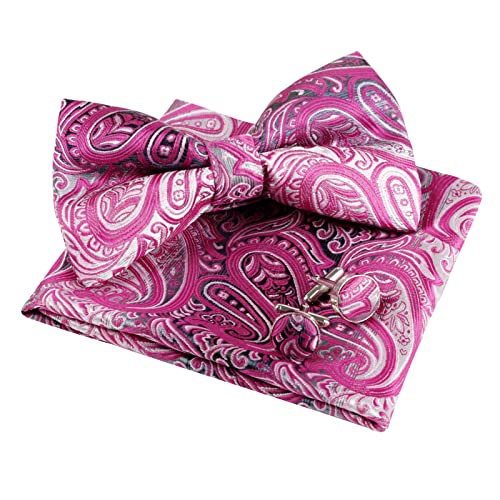 Alizeal Herren Paisley Fliege, Einstecktuch und Manschettenknöpfe Set, 016-Rose Pink, Einheitsgröße von Alizeal