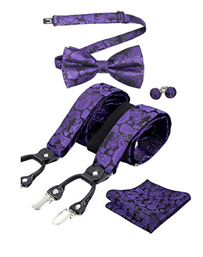 Alizeal Herren Paisley Muster Fliege und Hosenträger, Einstecktuch, Manschettenknöpfe Set-Dunkelviolett von Alizeal