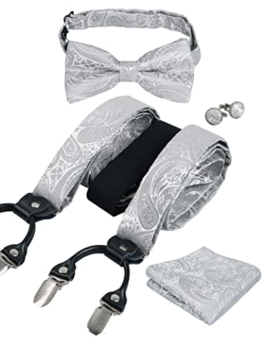 Alizeal Herren Paisley Muster Fliege und Hosenträger, Einstecktuch, Manschettenknöpfe Set-Silber von Alizeal