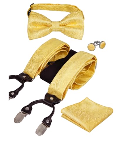 Alizeal Herren Paisley Muster Fliege und Hosenträger, Einstecktuch, Manschettenknöpfe Set-golden von Alizeal