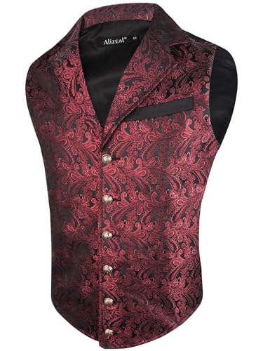 Alizeal Herren Paisley Weste Viktorianische Steampunk Gothic Formelle Casual für Party Bankett Anzug Weste, Schwarz+Burgund-2XL von Alizeal