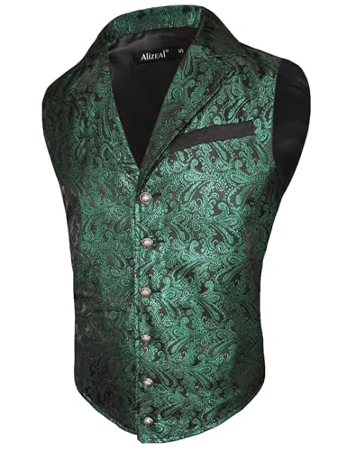 Alizeal Herren Paisley Weste Viktorianische Steampunk Gothic Formelle Casual für Party Bankett Anzug Weste, Schwarz+Dunkelgrün-L von Alizeal