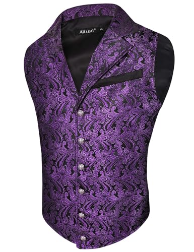 Alizeal Herren Paisley Weste Viktorianische Steampunk Gothic Formelle Casual für Party Bankett Anzug Weste, Schwarz+Dunkelviolett-XL von Alizeal