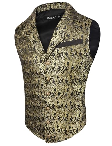 Alizeal Herren Paisley Weste Viktorianische Steampunk Gothic Formelle Casual für Party Bankett Anzug Weste, Schwarz+Gold-S von Alizeal