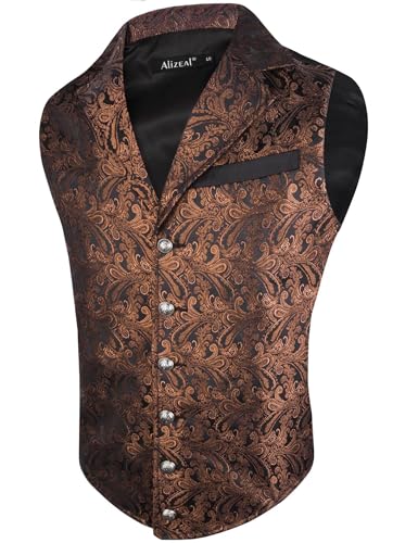 Alizeal Herren Paisley Weste Viktorianische Steampunk Gothic Formelle Casual für Party Bankett Anzug Weste, Schwarz+Orange Braun-3XL von Alizeal