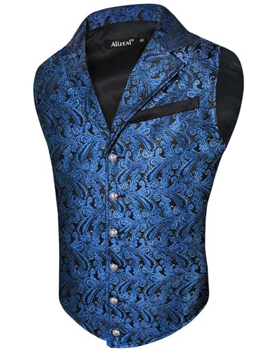 Alizeal Herren Paisley Weste Viktorianische Steampunk Gothic Formelle Casual für Party Bankett Anzug Weste, Schwarz+Royal Blau-M von Alizeal