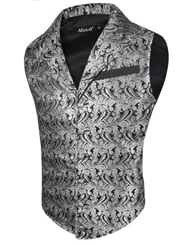 Alizeal Herren Paisley Weste Viktorianische Steampunk Gothic Formelle Casual für Party Bankett Anzug Weste, Schwarz+Silber-M von Alizeal