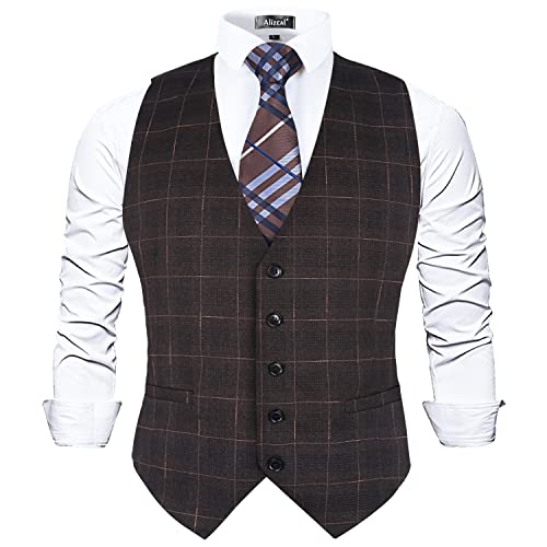 Alizeal Herren Plaid Business Anzug Weste V-Ausschnitt Regular Fit Karierte Smoking Weste, Gebranntes Braun-3XL von Alizeal