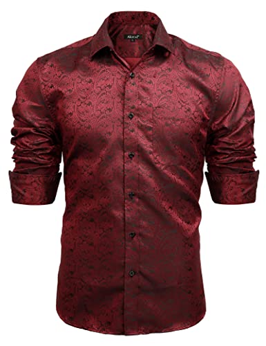 Alizeal Herren Retro Klassische Paisley Jacquard Slim Fit Kleid Shirt Langarm Knopfverschluss Shirt, Rotwein-S von Alizeal