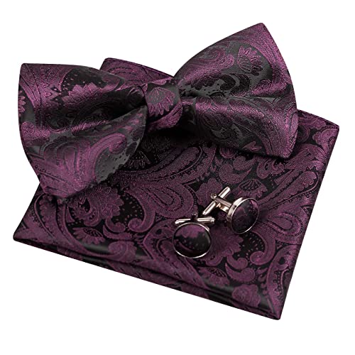 Alizeal Herren Retro Paisley vorgebundene Fliege, Einstecktuch und Manschettenknöpfe Set, Aubergine von Alizeal