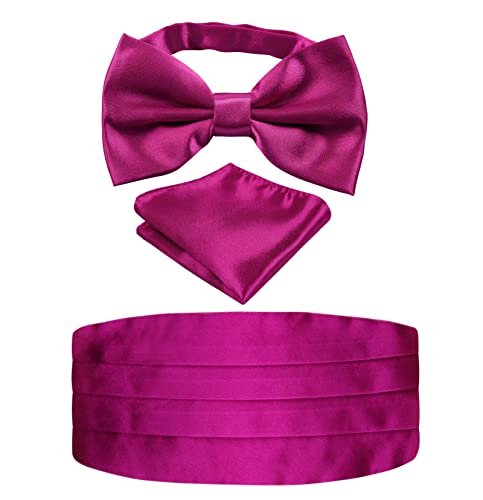 Alizeal Mens Solid Pre-Tied Party Einstellbare Fliege, Cummerbund und Pocket Square Geschenk Set, Magenta von Alizeal