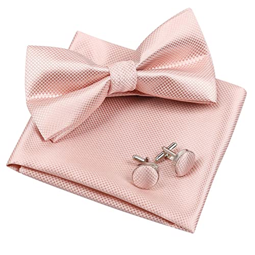 Alizeal Herren Solide vorgebundene Fliege Manschettenknöpfe Hanky Set für Männer Hals tragen, Blush Pink von Alizeal
