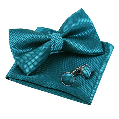Alizeal Herren Solide vorgebundene Fliege Manschettenknöpfe Hanky Set für Männer Hals tragen, Dark Teal von Alizeal