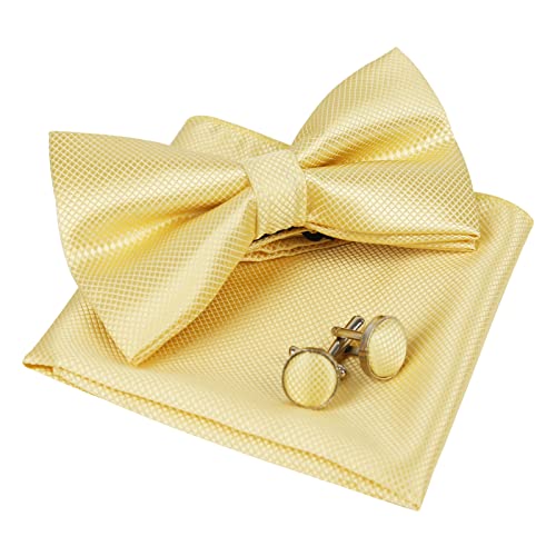 Alizeal Herren Solide vorgebundene Fliege Manschettenknöpfe Hanky Set für Männer Hals tragen, Gänsegelb von Alizeal