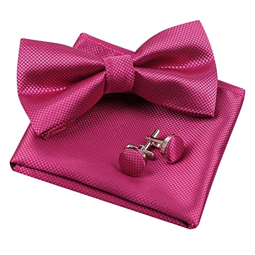 Alizeal Herren Solide vorgebundene Fliege Manschettenknöpfe Hanky Set für Männer Hals tragen, Hot Pink von Alizeal