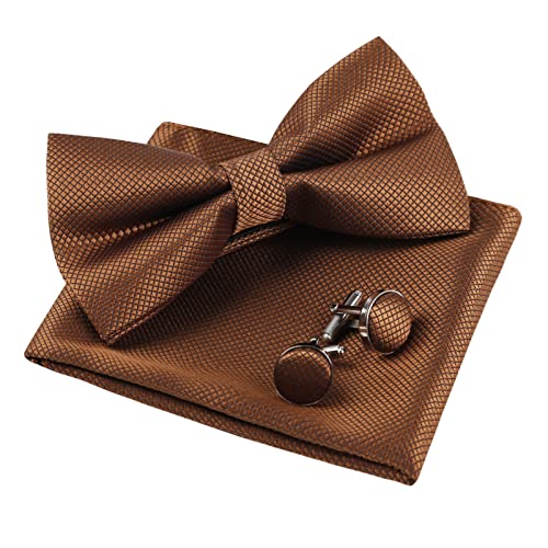 Alizeal Herren Solide vorgebundene Fliege Manschettenknöpfe Hanky Set für Männer Hals tragen, Kaffee von Alizeal