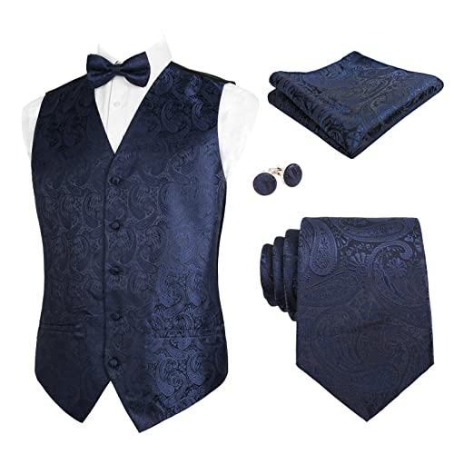 Alizeal Herren Weste Krawatte Hanky Manschettenknöpfe und Fliege Set Paisley Classic 5pc, Dunkelmarine-2XL von Alizeal