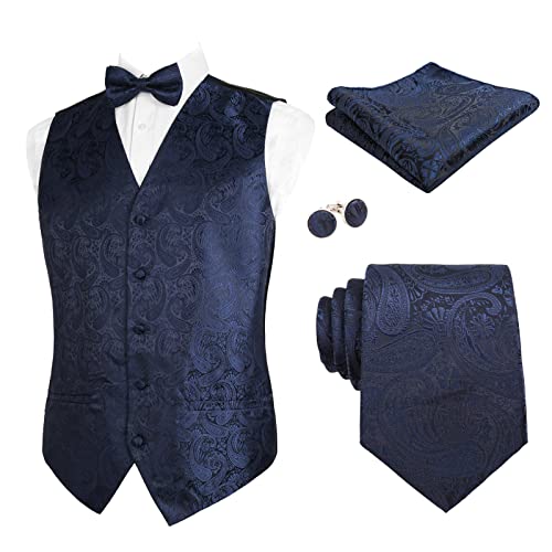 Alizeal Herren Weste Krawatte Hanky Manschettenknöpfe und Fliege Set Paisley Classic 5pc, Dunkelmarine-M von Alizeal