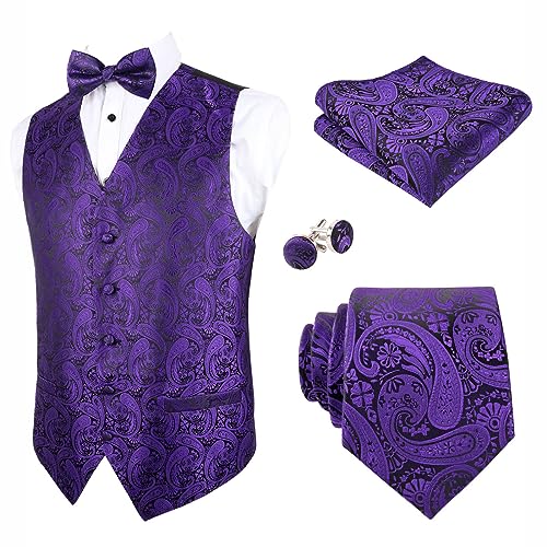 Alizeal Herren Weste Krawatte Hanky Manschettenknöpfe und Fliege Set Paisley Classic 5pc, Dunkelviolett-2XL von Alizeal