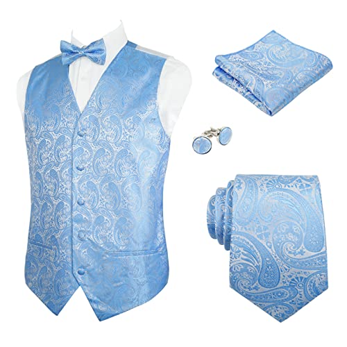 Alizeal Herren Weste Krawatte Hanky Manschettenknöpfe und Fliege Set Paisley Classic 5pc, Hellblau-3XL von Alizeal