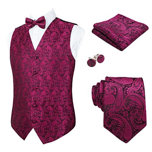 Alizeal Herren Weste Krawatte Hanky Manschettenknöpfe und Fliege Set Paisley Classic 5pc, Hot Pink-3XL von Alizeal