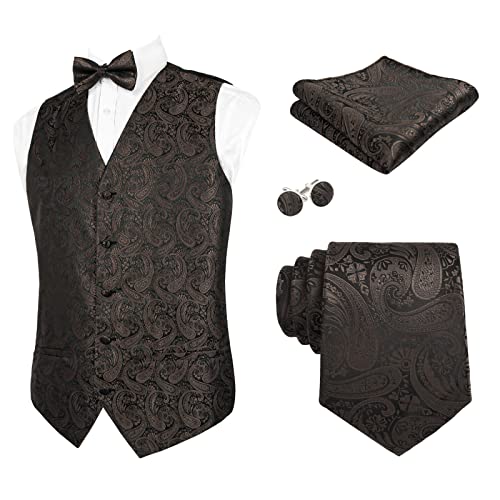 Alizeal Herren Weste Krawatte Hanky Manschettenknöpfe und Fliege Set Paisley Classic 5pc, Kaffee-2XL von Alizeal