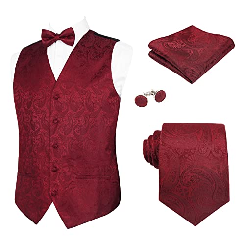 Alizeal Herren Weste Krawatte Hanky Manschettenknöpfe und Fliege Set Paisley Classic 5pc, Maroon-S von Alizeal