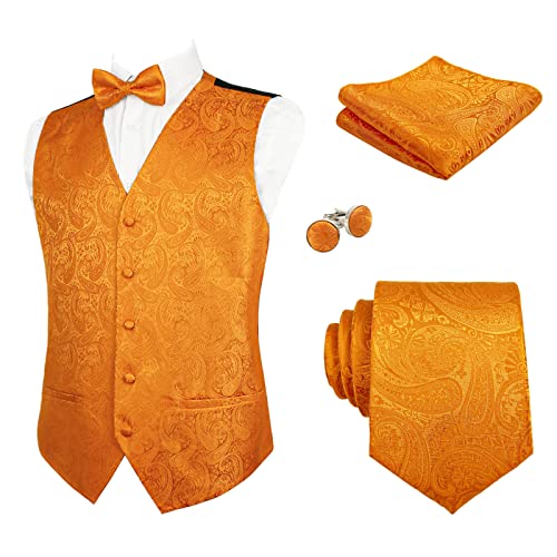 Alizeal Herren Weste Krawatte Hanky Manschettenknöpfe und Fliege Set Paisley Classic 5pc, Orange-3XL von Alizeal