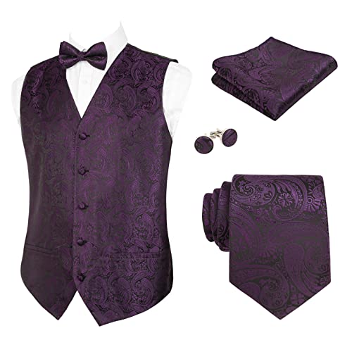 Alizeal Herren Weste Krawatte Hanky Manschettenknöpfe und Fliege Set Paisley Classic 5pc, Pflaume Lila-S von Alizeal