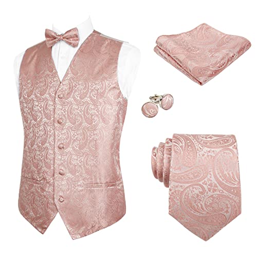 Alizeal Herren Weste Krawatte Hanky Manschettenknöpfe und Fliege Set Paisley Classic 5pc, Rosa-2XL von Alizeal