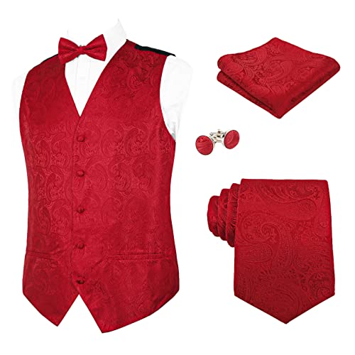 Alizeal Herren Weste Krawatte Hanky Manschettenknöpfe und Fliege Set Paisley Classic 5pc, Rot-3XL von Alizeal