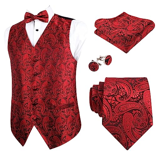 Alizeal Herren Weste Krawatte Hanky Manschettenknöpfe und Fliege Set Paisley Classic 5pc, Rotwein-M von Alizeal
