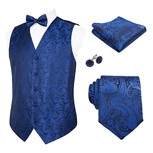 Alizeal Herren Weste Krawatte Hanky Manschettenknöpfe und Fliege Set Paisley Classic 5pc, Royal Blau-3XL von Alizeal