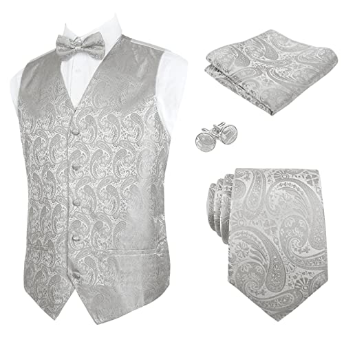 Alizeal Herren Weste Krawatte Hanky Manschettenknöpfe und Fliege Set Paisley Classic 5pc, Silber-3XL von Alizeal