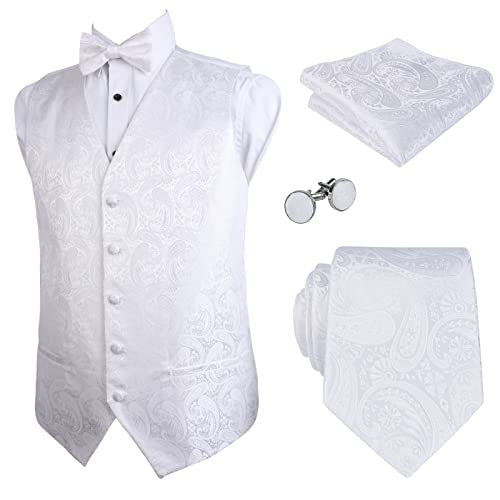 Alizeal Herren Weste Krawatte Hanky Manschettenknöpfe und Fliege Set Paisley Classic 5pc, weiß-2XL von Alizeal