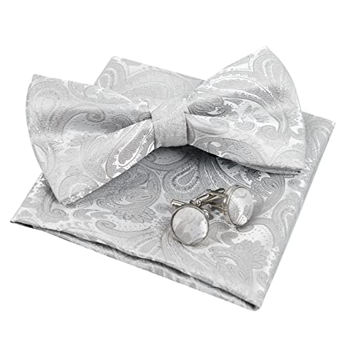 Alizeal Herren handgefertigte Paisley vorgebundene Fliege, Einstecktuch und Manschettenknöpfe Set, Silber von Alizeal